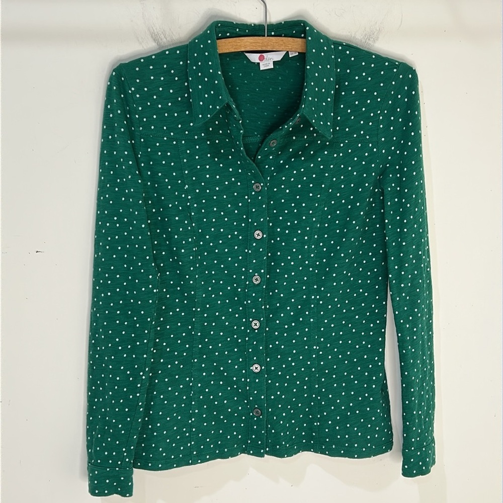 BODEN Tara Jersey Button Down Collared Shirt Green Polka Dot Size 2 Petite - Picture 12 of 12